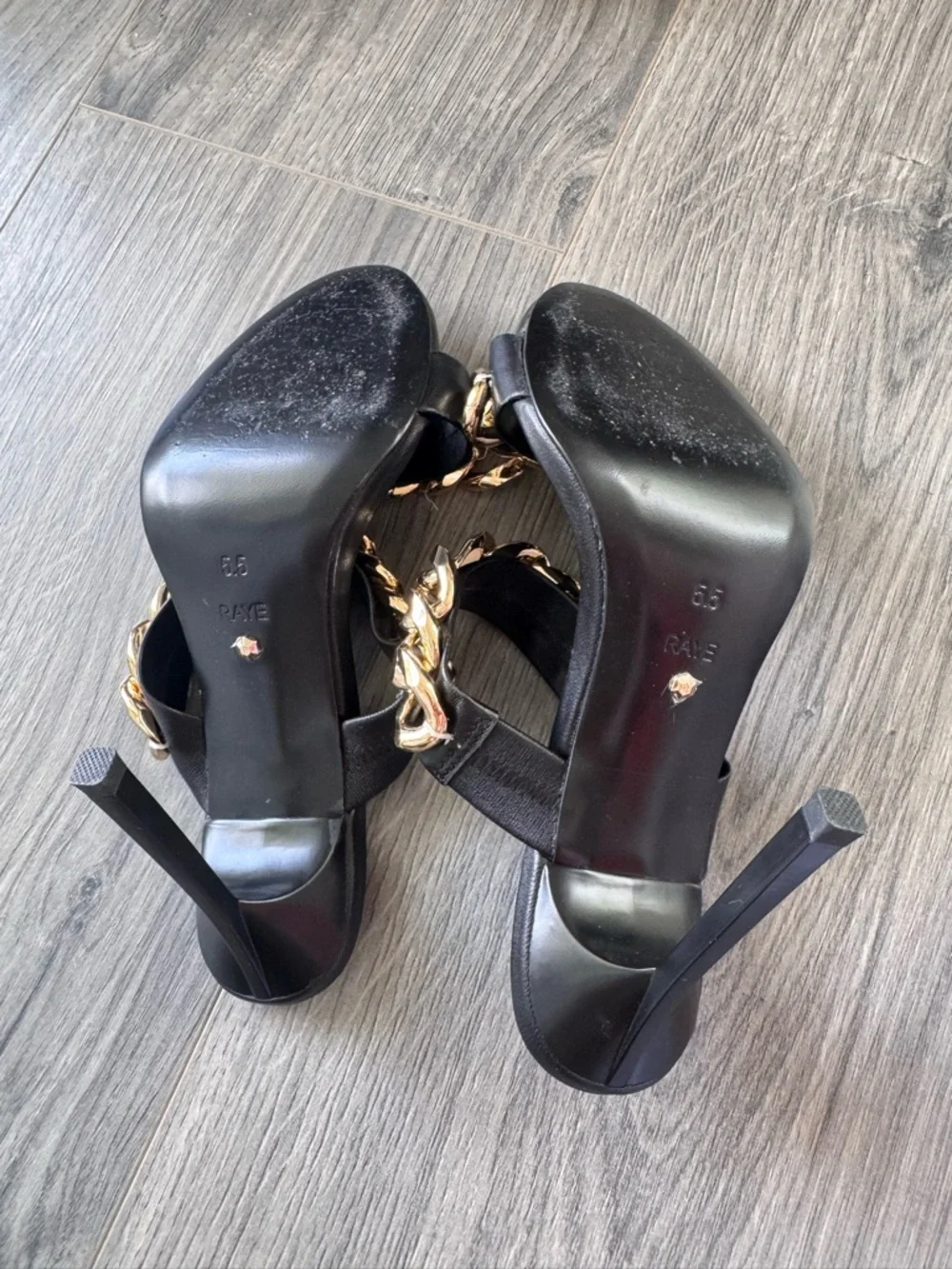 RAYE Deux Heel in Black Stiletto Slide Gold Chain Straps 5.5